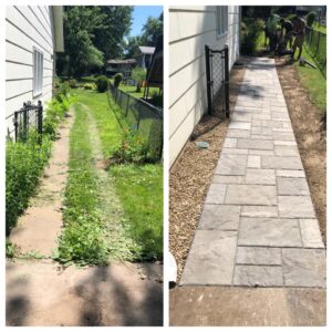Before and after tiled walkway landscaping project
