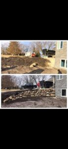 Before and after landscape installation stone wall design