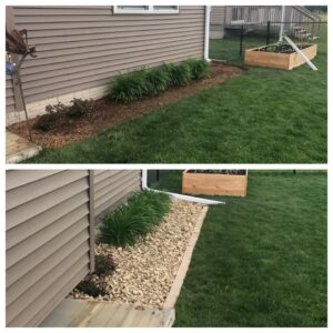 Before and after pebble-lined garden landscape installation