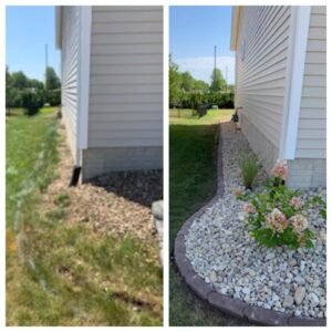 Before and after landscaping with pebble design and elegant flower