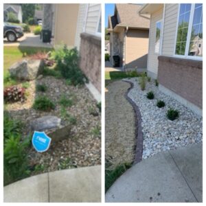 Before and after garden landscaping project pebbles and plants