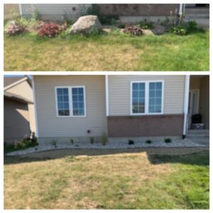 Before and after garden landscaping project pebbles and plants